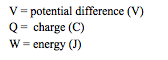 V = potential difference (V)
Q =  charge (C)
W = energy (J)
