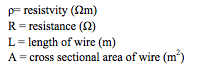 _= resistvity (Ωm)
R = resistance (Ω)
L = length of wire (m)
A = cross sectional area of wire (m2)
