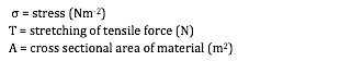  _ = stress (Nm-2)
T = stretching of tensile force (N)
A = cross sectional area of material (m2)

