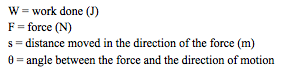 W = work done (J)
F = force (N)
s = distance moved in the direction of the force (m)
_ = angle between the force and the direction of motion
